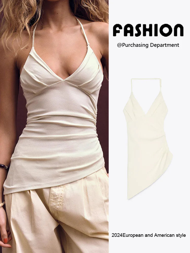 Versatile Asymmetric Pleated Hanging Neck Top – Summer Elastic Neck Blouse