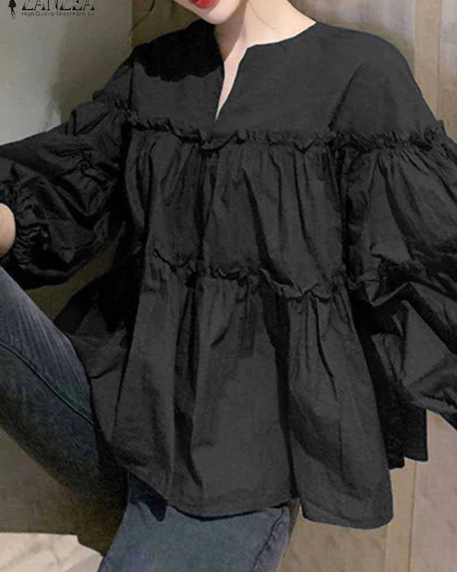 Zanzea Elegant Puff Sleeve Ruffle Blouse – Women’s Tunic Shirt