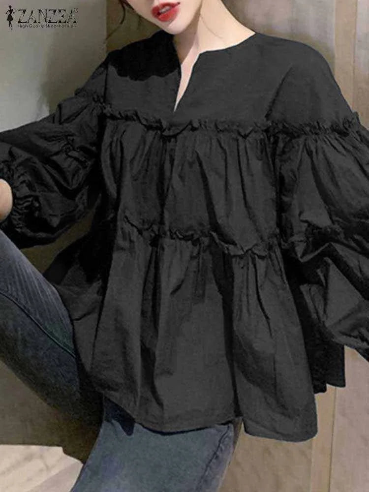 Zanzea Elegant Puff Sleeve Ruffle Blouse – Women’s Tunic Shirt-HighTouch
