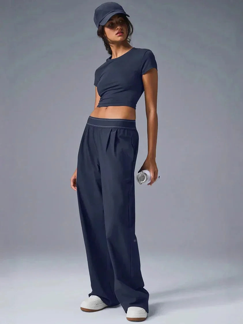 Dames Vrijetijds Yoga Broek Sneldrogend Rechte Pijp Lichtgewicht Zomerse Broek Reflecterend Logo voor aio Zacht Comfortabel Sportkleding