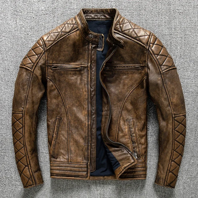 Vintage Yellow-Brown Cowhide Slim Fit Biker Jacket – Motorcycle Coat