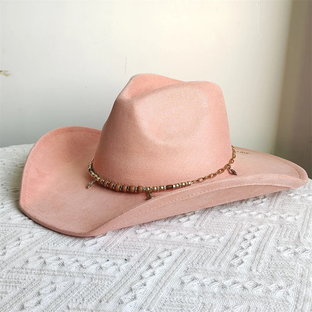 Suede Wide-Brim Western Cowboy Fedora Adjustable Fit