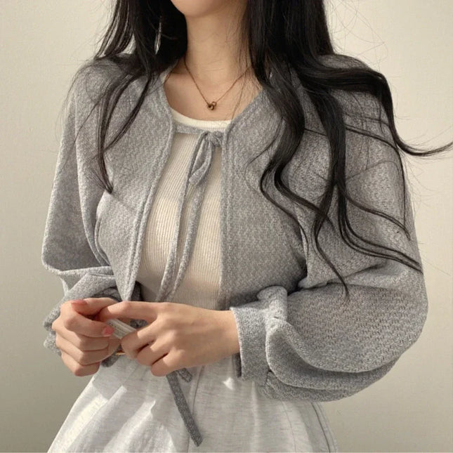 Breathable Lace‑Up Lantern Sleeve Cardigan – Summer Sunscreen Shawl