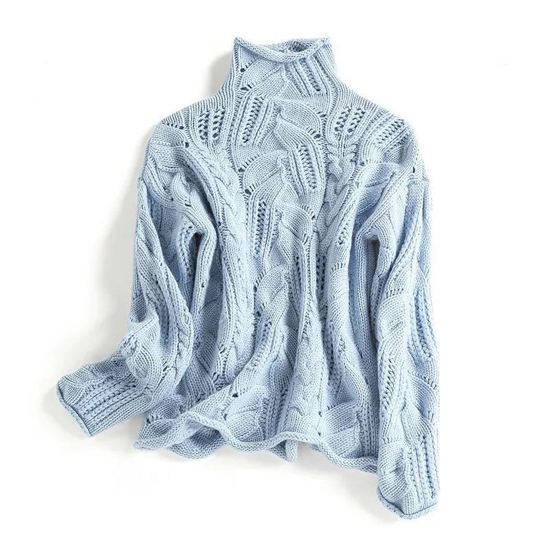 Women’s Cashmere Blend Cable Knit Sweater with High Neck