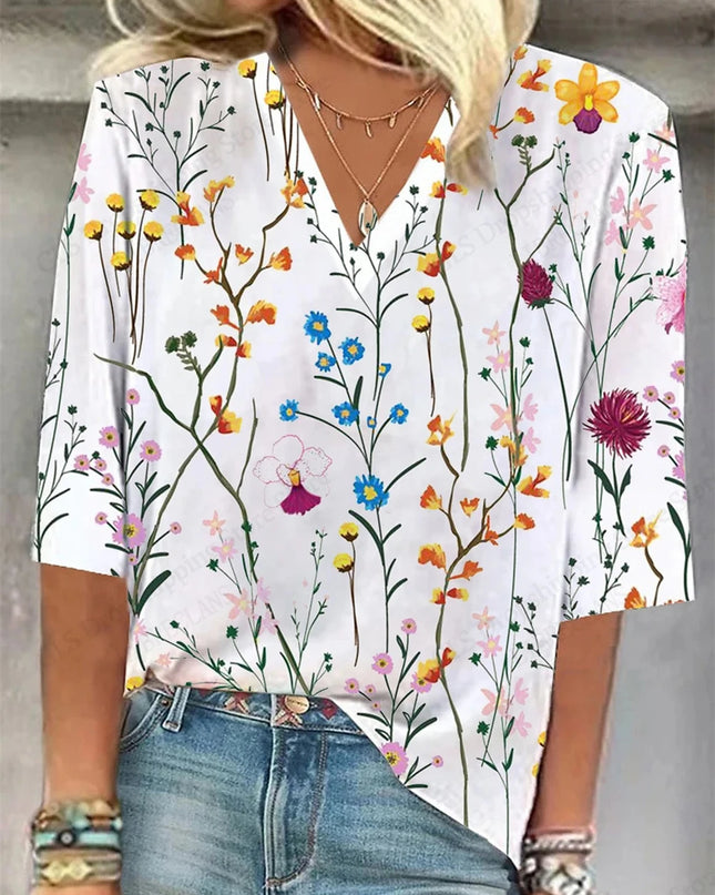 Vintage 3D Floral Oversized V‑Neck Tee – Breezy Summer Style