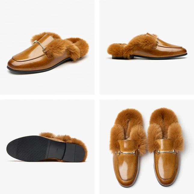 Beau Today Women's Calfskin Leather Mules with Rabbit Fur Lining