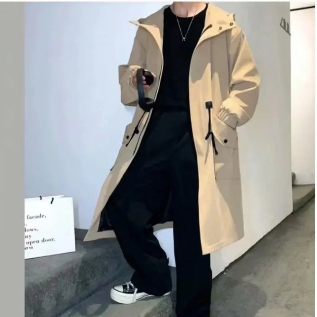Army Green Hooded Mid-Length Windbreaker Coat Men