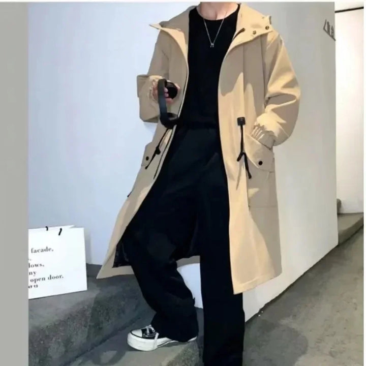 Army Green Hooded Mid-Length Windbreaker Coat Men-HighTouch