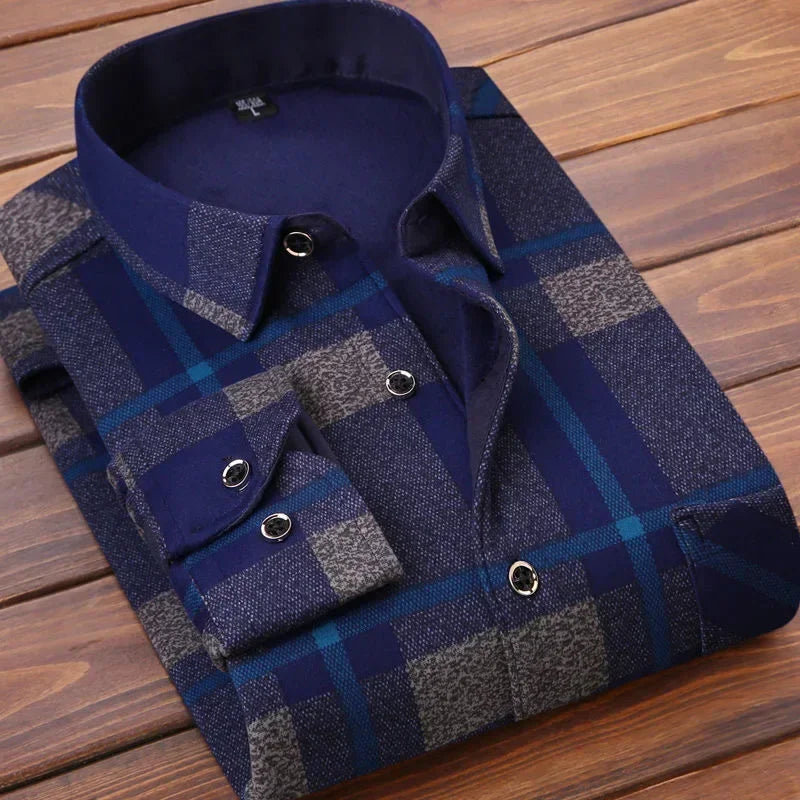 Men’s Winter Plaid Flannel Shirt – Fur Lined, Fleece‑Lined, Warm Casual Dress Shirt