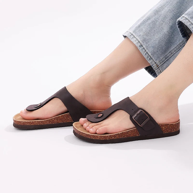 Women's Leather Cork Footbed Sandals – Adjustable Buckle Flats for All-Day Comfort