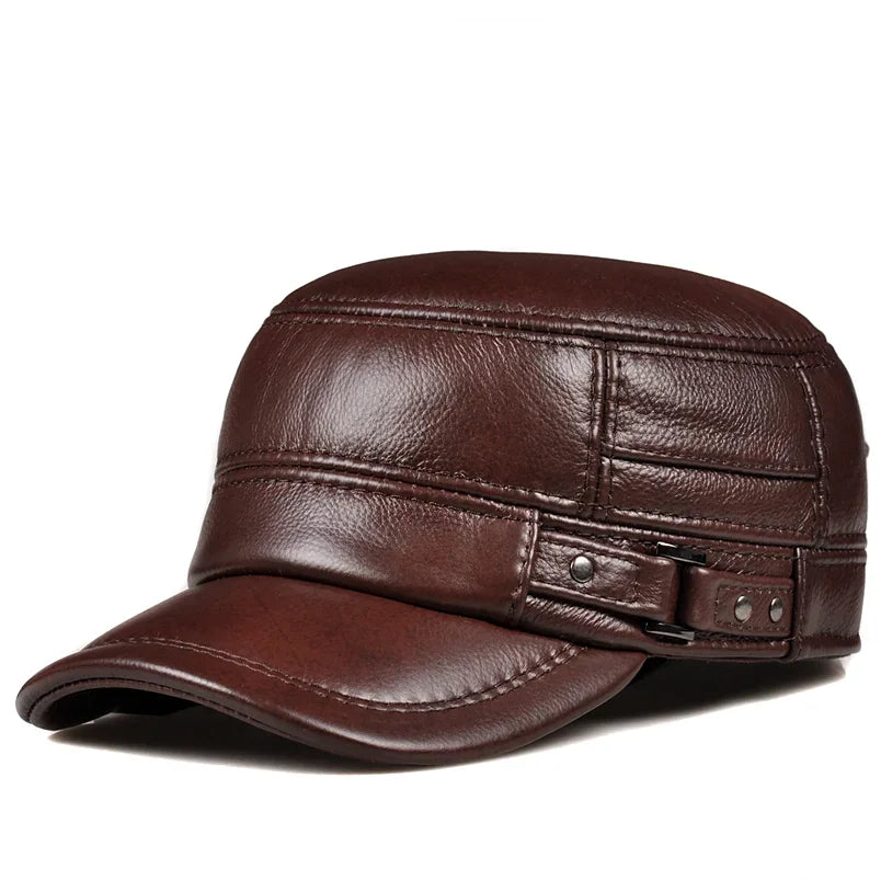 Cowhide Leather Ear-Warm Flat Cap – Vintage Winter Military Style-HighTouch