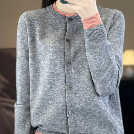 Spring Knit Patchwork Cardigan Lightweight O‑Neck Long Sleeve Sweater for Women