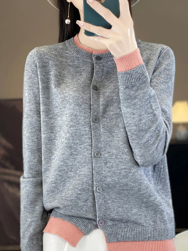 Spring Knit Patchwork Cardigan Lightweight O‑Neck Long Sleeve Sweater for Women