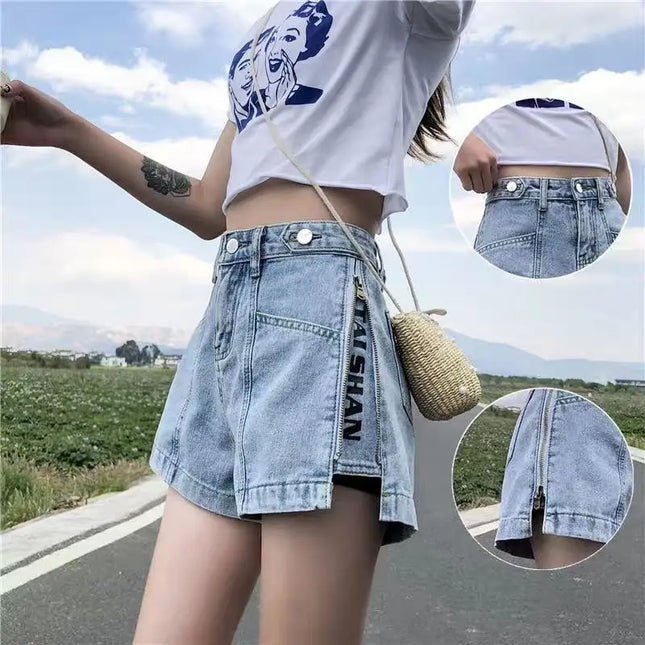 Y2K Harajuku Wide Mini Denim Shorts – Elastic Punk Print Jean Shorts for Women