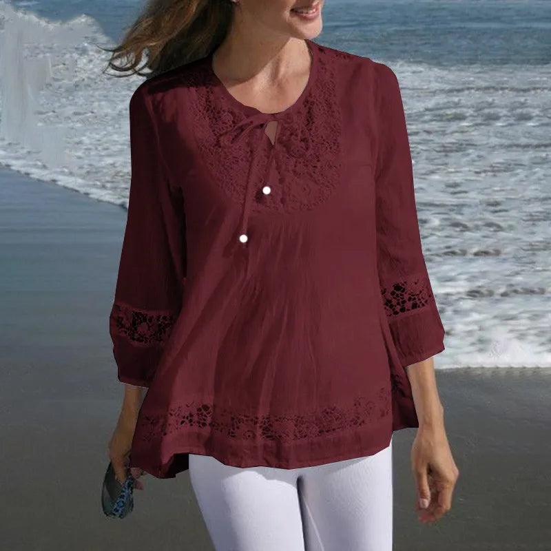 Cotton-Linen Lace Summer Blouse – ¾ Sleeve Casual Top-HighTouch