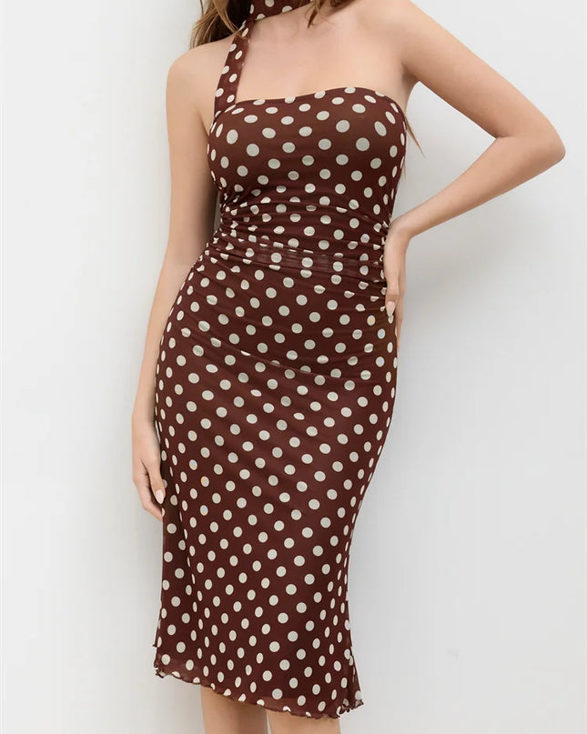 Strapless Off‑Shoulder Polka Dot Maxi Dress with Scarf – Elegant Summer Slim Fit