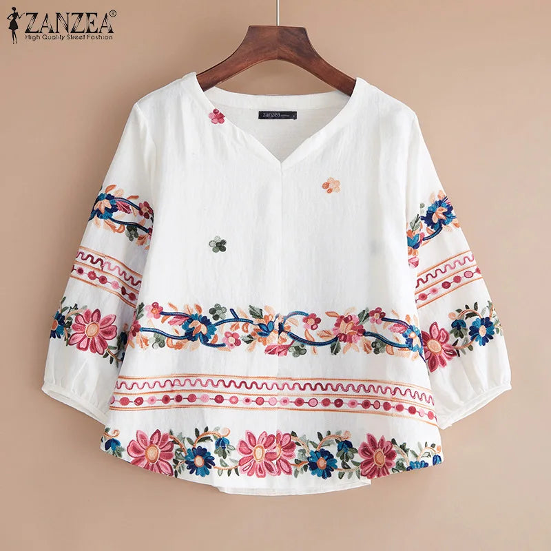 Vintage Boho V-Neck Blouse – Lantern Sleeve Pullover-HighTouch
