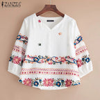 Vintage Boho V-Neck Blouse – Lantern Sleeve Pullover-HighTouch