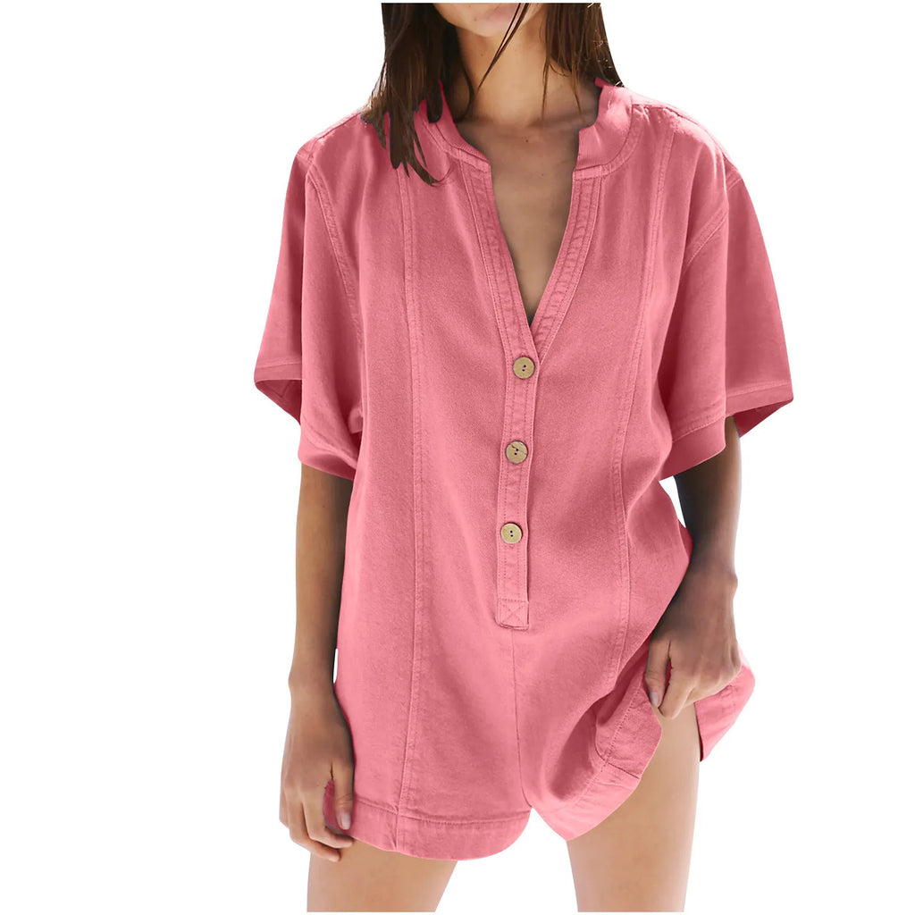 Plus‑Size Button‑Front Short‑Sleeve Romper-HighTouch