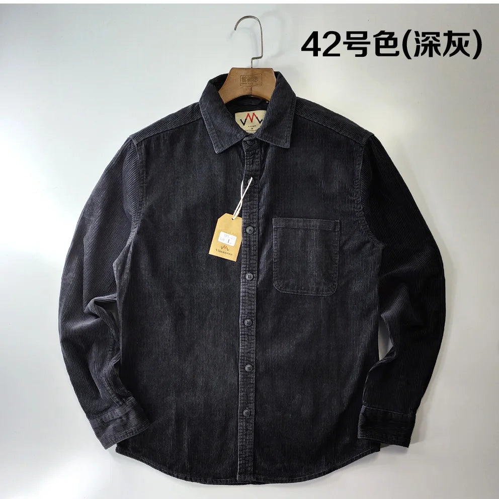 Vintage Retro Corduroy Button-Down Shirt Men –  Cotton Long Sleeve