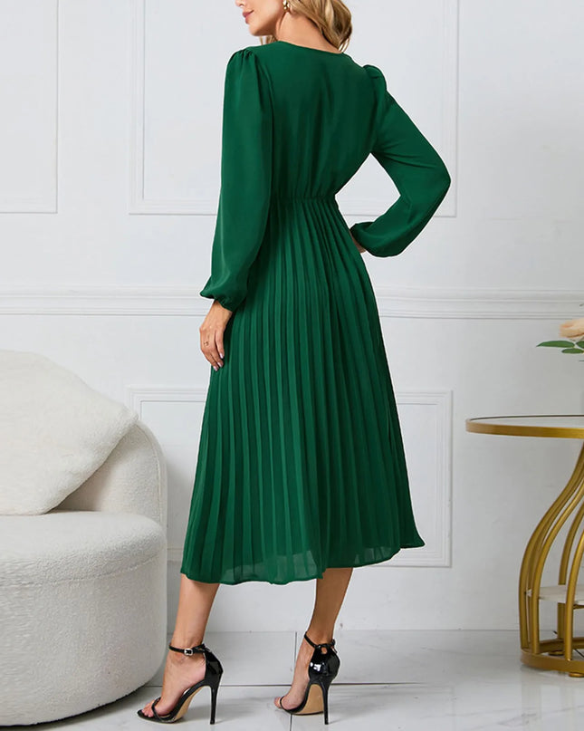 Long-Sleeve Wrap Pleated Midi Dress with Belt