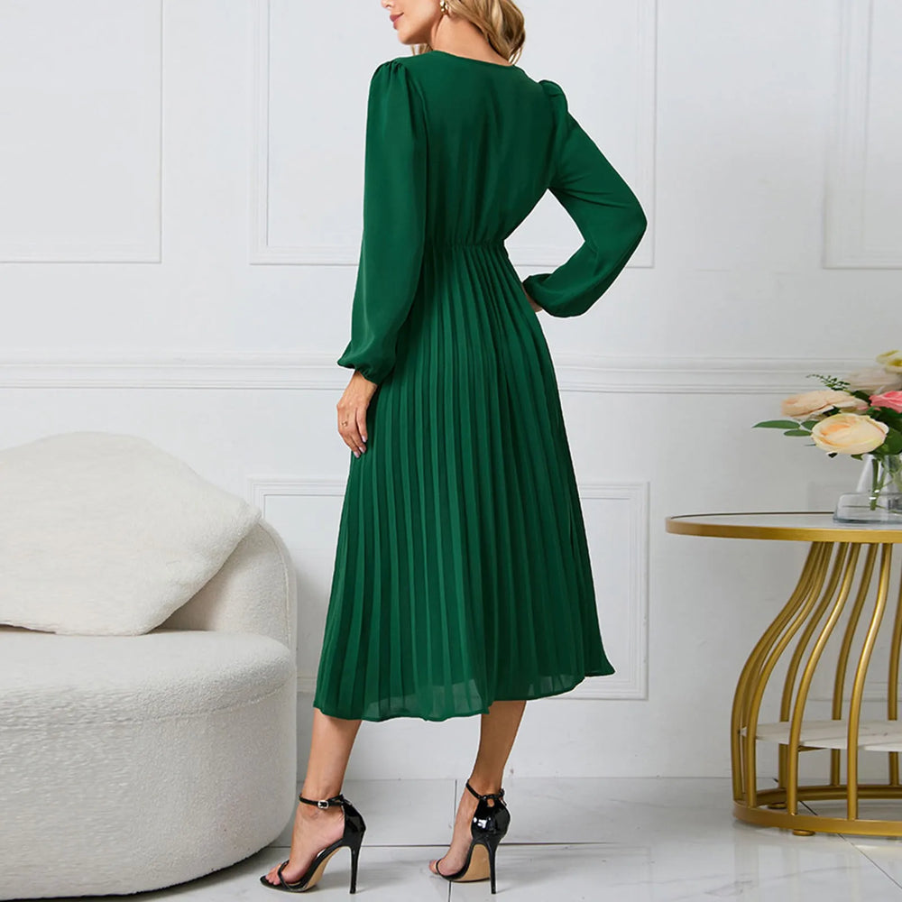 Long-Sleeve Wrap Pleated Midi Dress with Belt-HighTouch