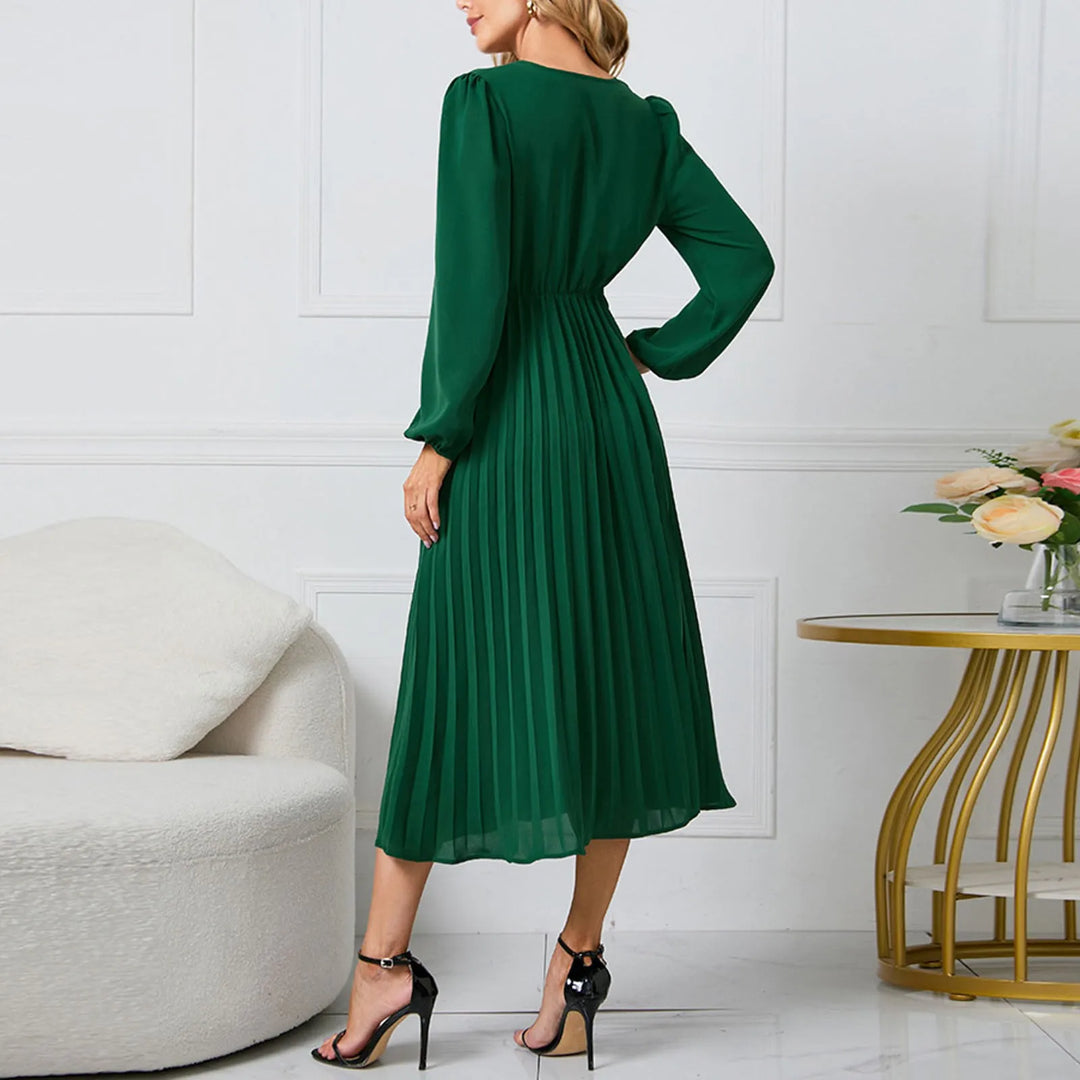Long-Sleeve Wrap Pleated Midi Dress with Belt-HighTouch