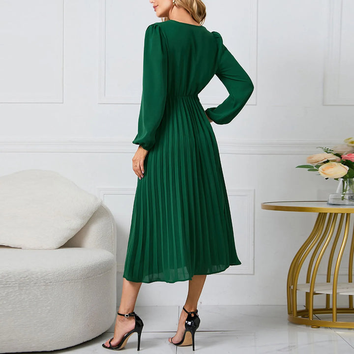 Long-Sleeve Wrap Pleated Midi Dress with Belt-HighTouch