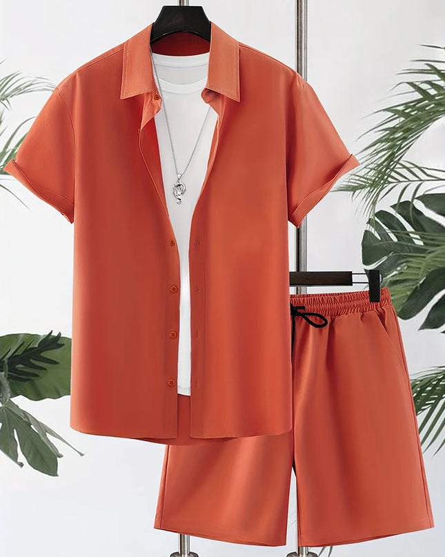 Men’s Solid Color Hawaiian Shirt & Shorts Set – Oversized Summer 2-Piece