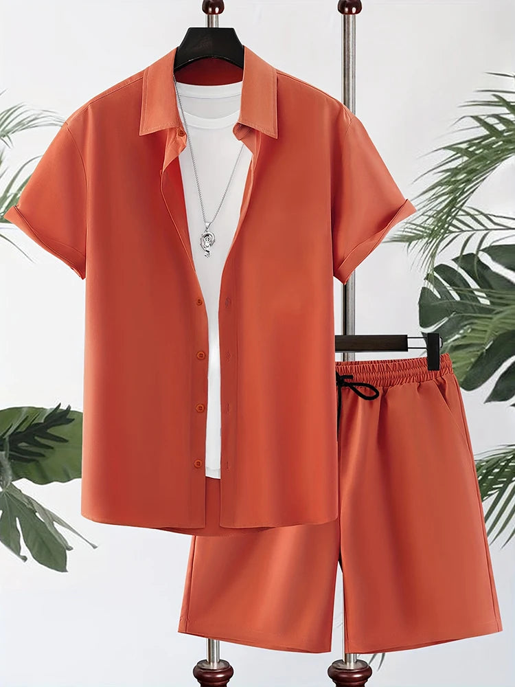 Men’s Solid Color Hawaiian Shirt & Shorts Set – Oversized Summer 2-Piece