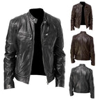 Slim Fit PU Stand Collar Jacket – Autumn Motorcycle Coat for Men-HighTouch
