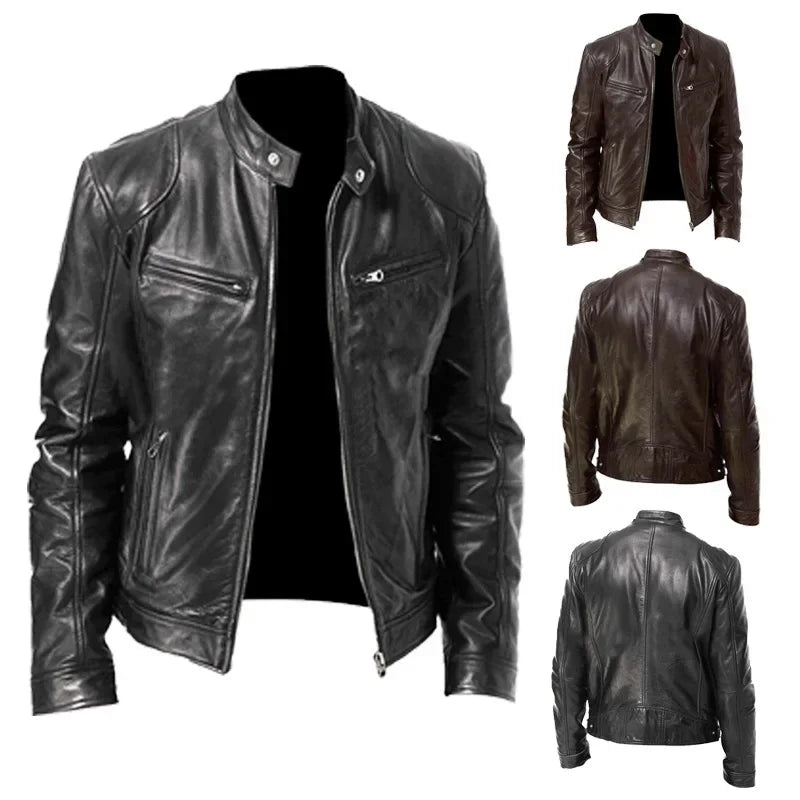 Slim Fit PU Stand Collar Jacket – Autumn Motorcycle Coat for Men-HighTouch