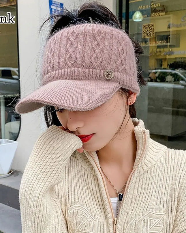 Rabbit Fur-Lined Knit Beanie with Open Top