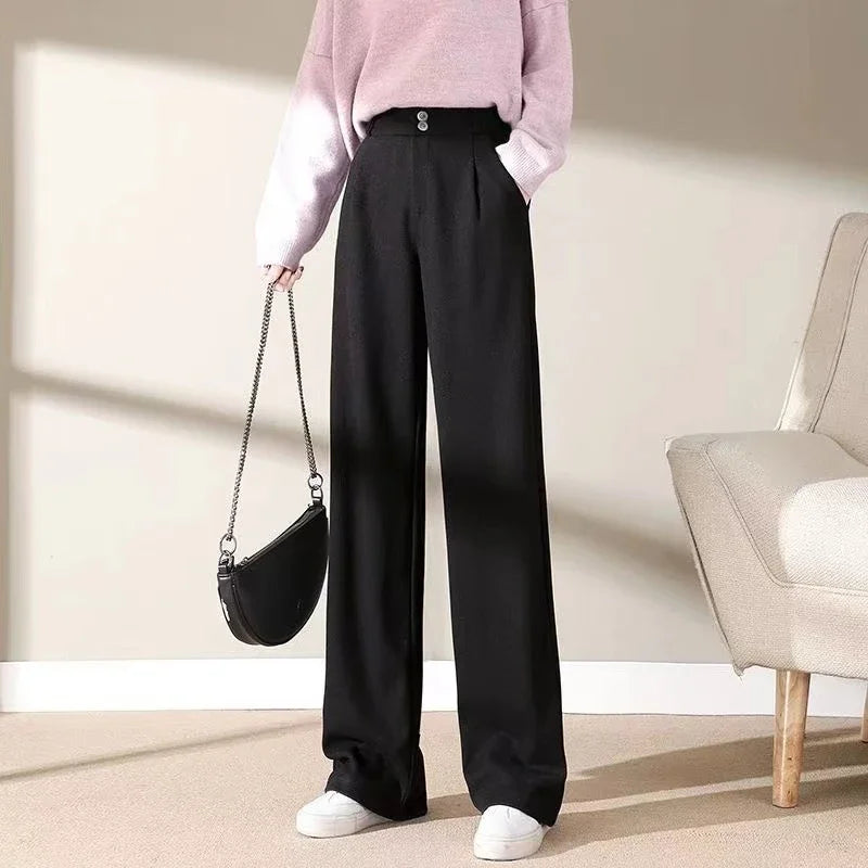 Women High Waist Wool Blend Straight Leg Trousers-HighTouch