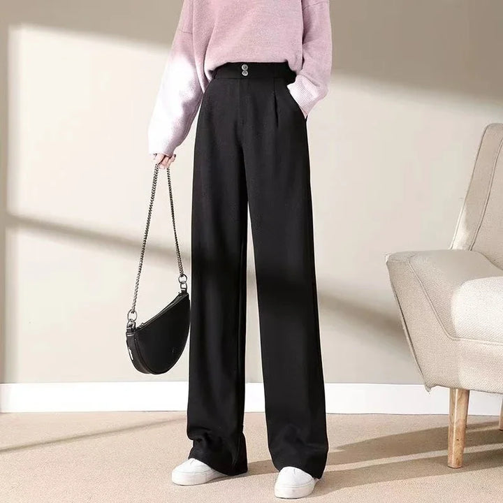 Women High Waist Wool Blend Straight Leg Trousers-HighTouch