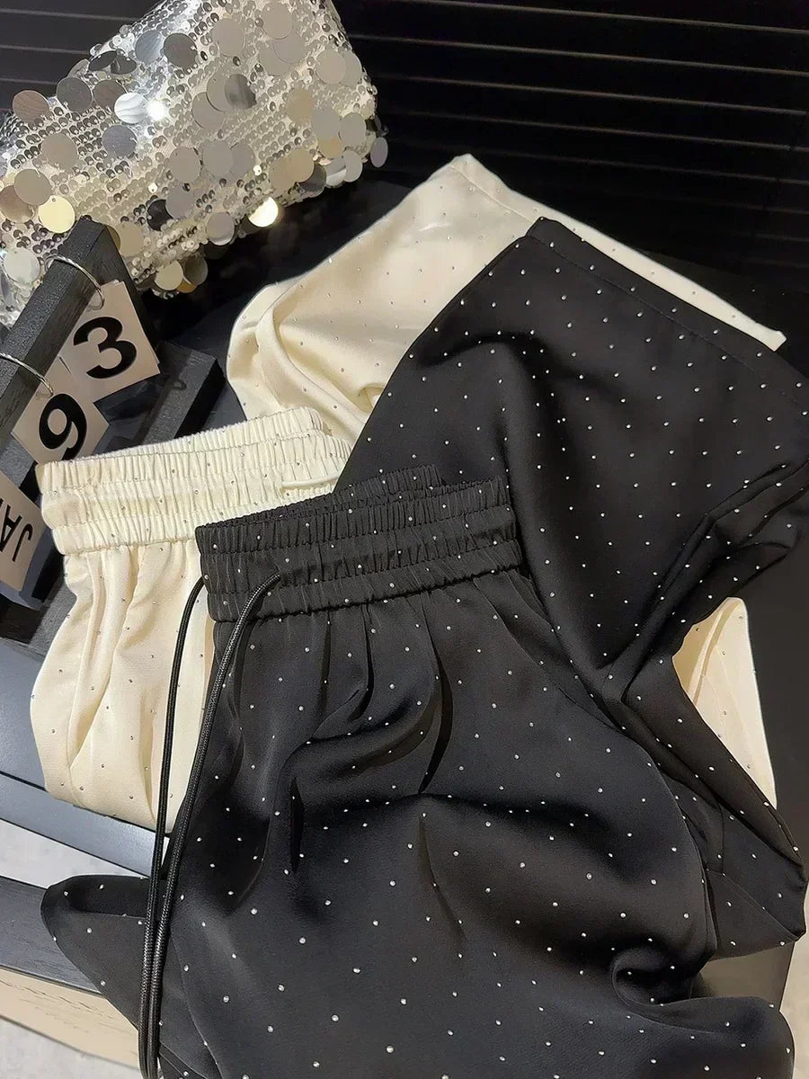 uxury High-Waist Rhinestone Wide-Leg Pants – Elegant Casual 2025
