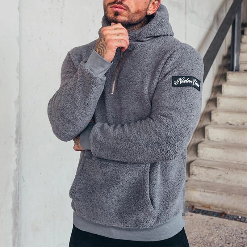 Solid Colour Zipped Fleece Hoodie Men