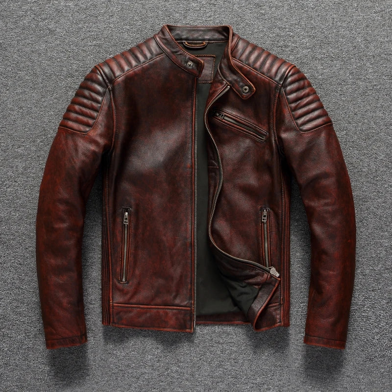 Premium Genuine Cowhide Leather Biker Jacket - Vintage Motorcycle Style, Durable & Classic