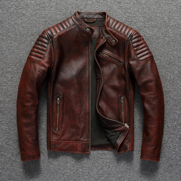 Premium Genuine Cowhide Leather Biker Jacket - Vintage Motorcycle Style, Durable & Classic-HighTouch