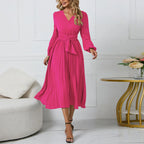 Long-Sleeve Wrap Pleated Midi Dress with Belt