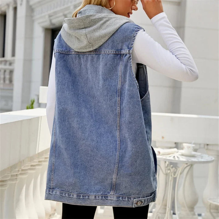 Women’s Relaxed Fit Sleeveless Denim Jacket with Hood