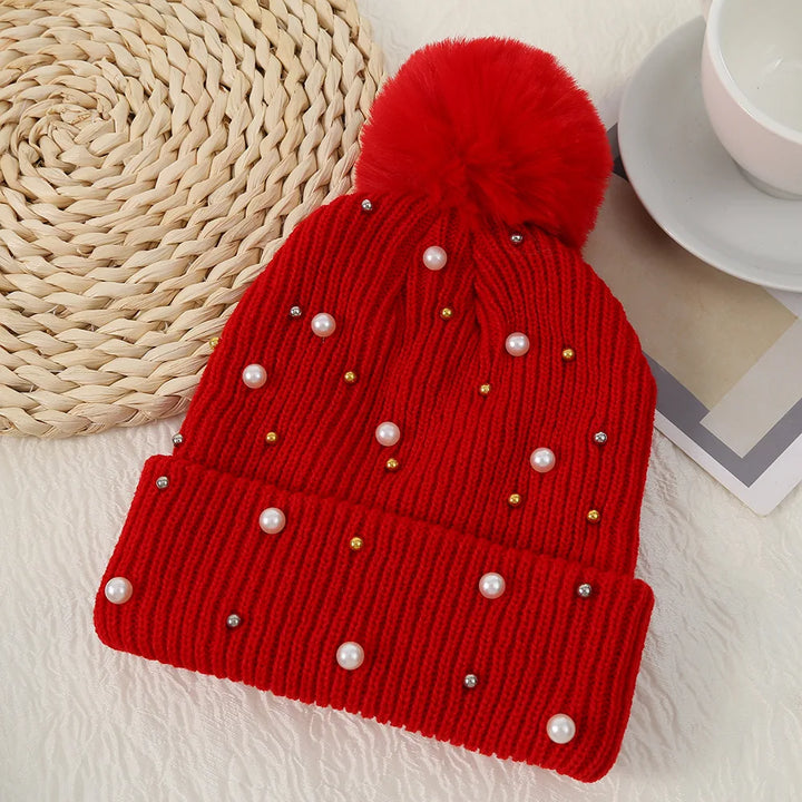 Pearl & Rhinestone Pom Pom Beanie-HighTouch