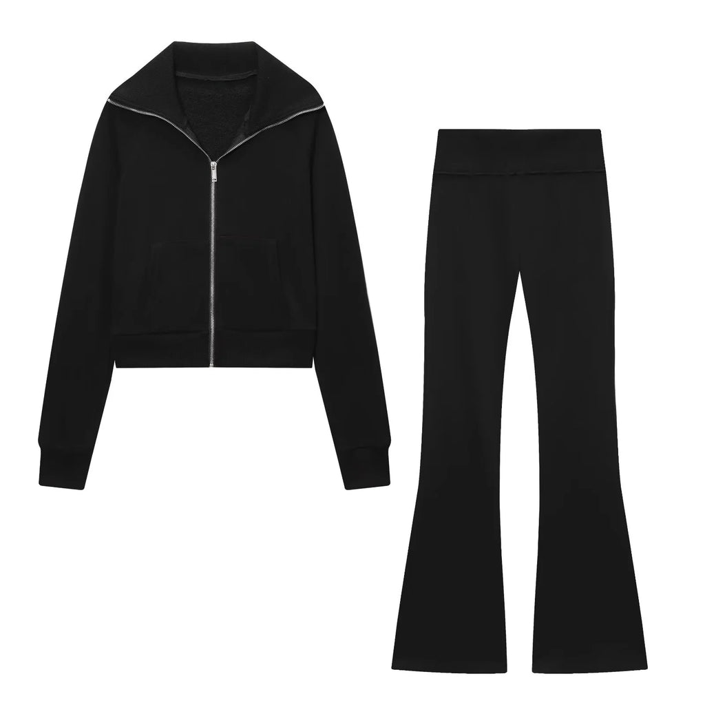 Women’s Fleece Jacket & High-Waisted Flared Pants – Autumn Set-HighTouch