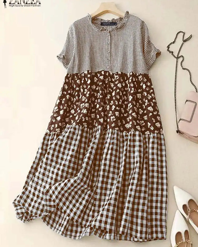 Zanzea Plaid Pleated Maxi Dress