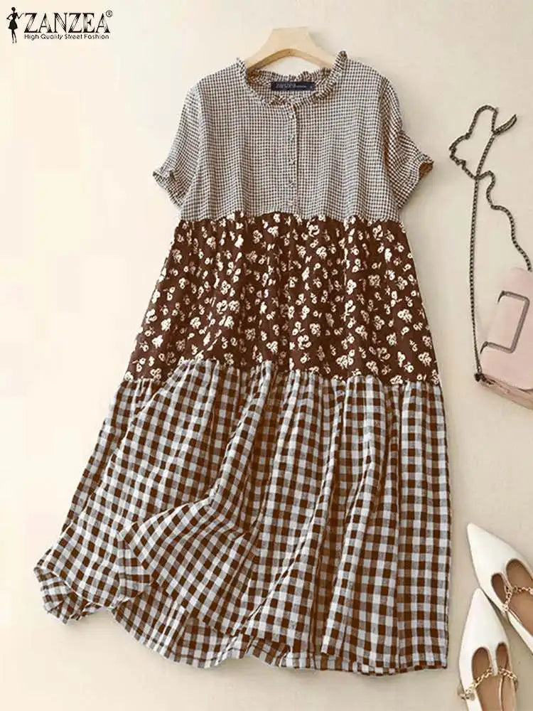 Zanzea Plaid Pleated Maxi Dress-HighTouch