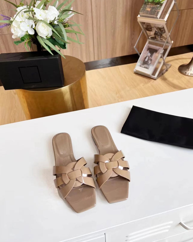 Genuine Leather Square Toe Summer Slides