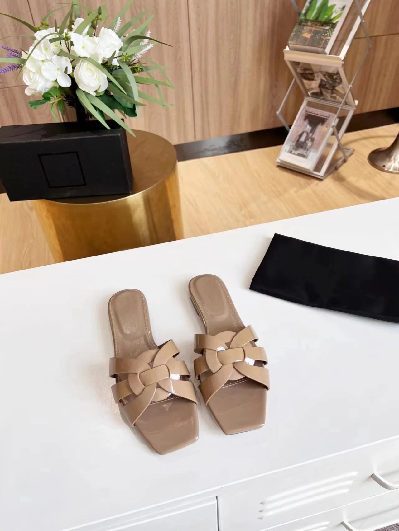 Genuine Leather Square Toe Summer Slides
