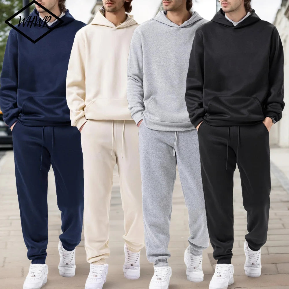 Men's Autumn and Winter Solid Color  Pants Two-piece Set Casual Sportswear Men's Tracksuit