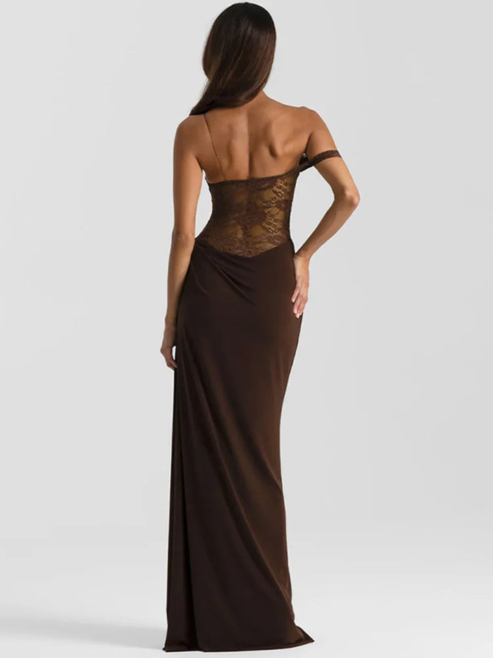 Women’s Lace Maxi Dress One Shoulder Elegant Party Dress-HighTouch