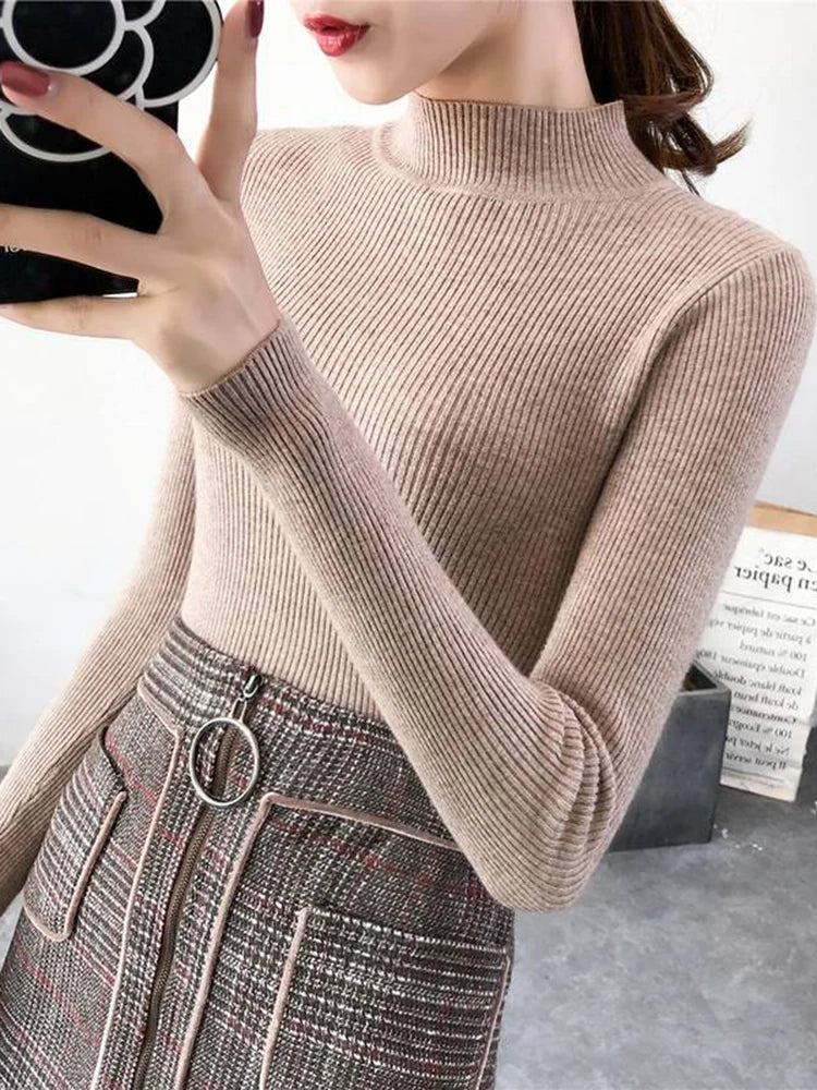 Herfst Winter Coltrui Dames Trui Vintage Eenvoudig Effen Gebreide Bovenkleding Alledaags Slank Pullover Koreaanse Truien Simpele Stijlvolle Trui